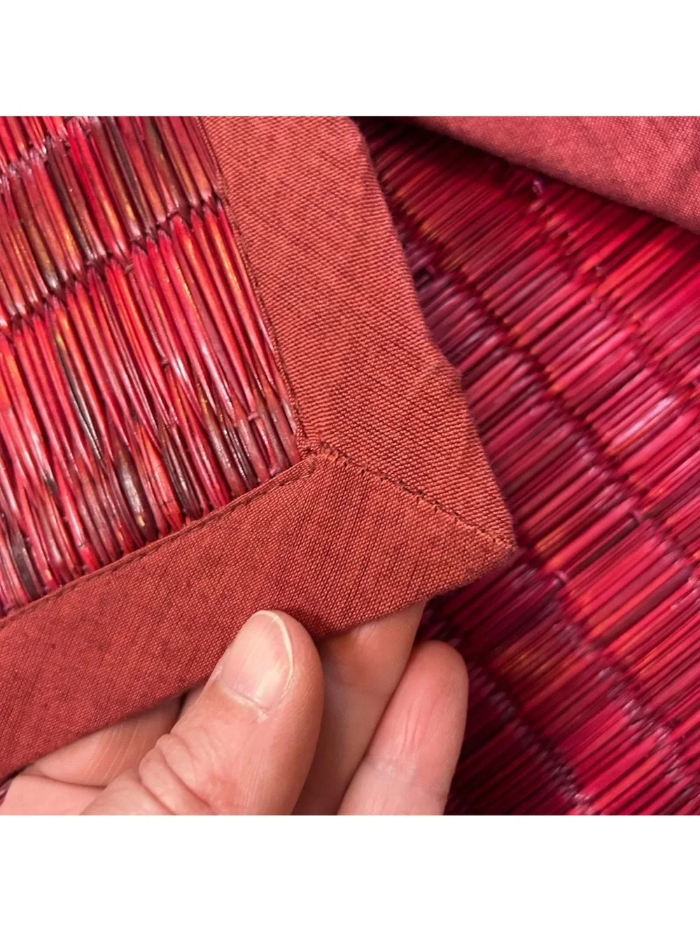 4 pc World Market Grasscloth Placemats Boho 13x19 Wine Red Linen Trimmed